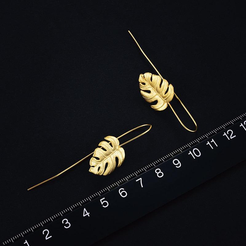 Gorgeous Elegant 925 Sterling Silver - Creative Handmade Design Fine Jewelry - 18K Gold Monstera Leaves Drop Earrings (2JW2)