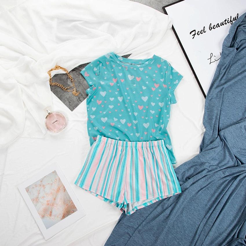 Amazing Love Heart Print Cute Pajamas Sets - Striped Shorts Sleepwear Round Neck + Short Sleeve Clothing (ZP1)(F90)