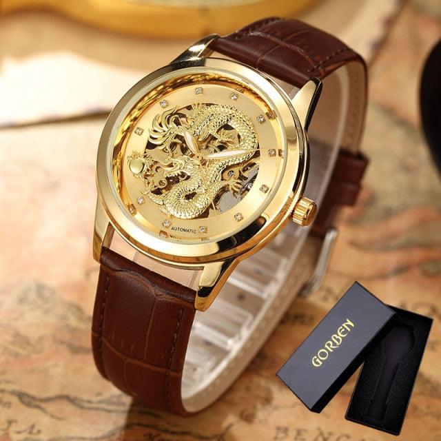 Luxury Top Brand Dragon Design Automatic Watch - Men Skeleton Gold Full Stainless Steel Wristwatch (1U84)