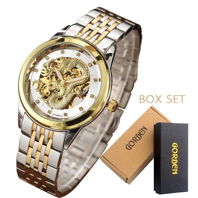 Luxury Top Brand Dragon Design Automatic Watch - Men Skeleton Gold Full Stainless Steel Wristwatch (1U84)