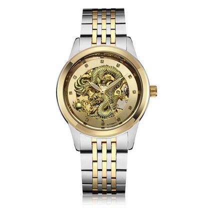 Luxury Top Brand Dragon Design Automatic Watch - Men Skeleton Gold Full Stainless Steel Wristwatch (1U84)