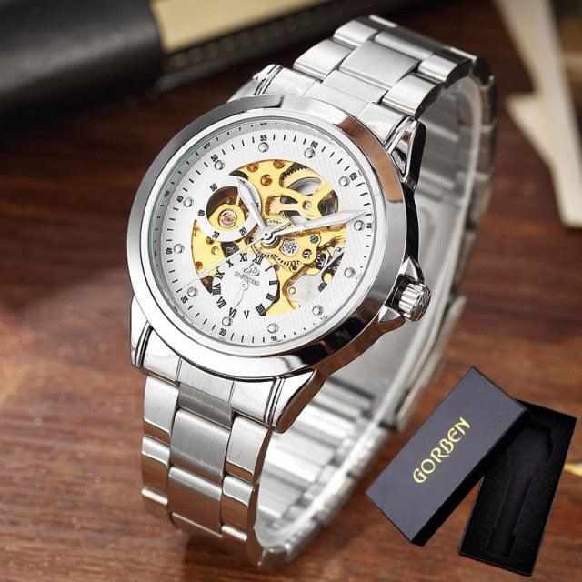 Luxury Top Brand Dragon Design Automatic Watch - Men Skeleton Gold Full Stainless Steel Wristwatch (1U84)