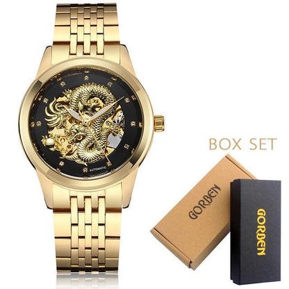 Luxury Top Brand Dragon Design Automatic Watch - Men Skeleton Gold Full Stainless Steel Wristwatch (1U84)