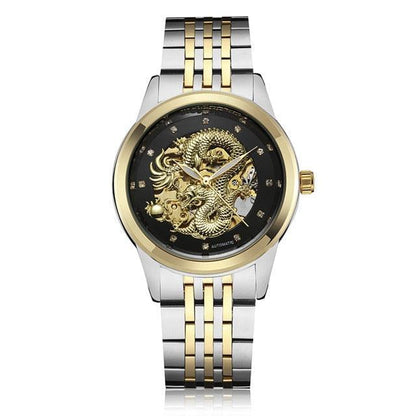 Luxury Top Brand Dragon Design Automatic Watch - Men Skeleton Gold Full Stainless Steel Wristwatch (1U84)