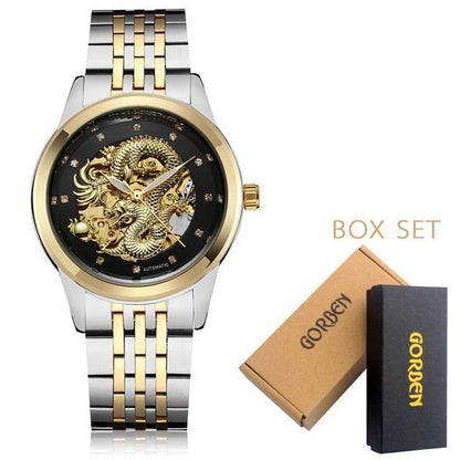 Luxury Top Brand Dragon Design Automatic Watch - Men Skeleton Gold Full Stainless Steel Wristwatch (1U84)