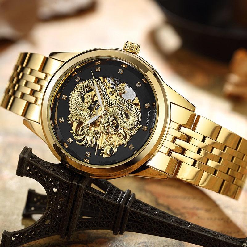 Luxury Top Brand Dragon Design Automatic Watch - Men Skeleton Gold Full Stainless Steel Wristwatch (1U84)