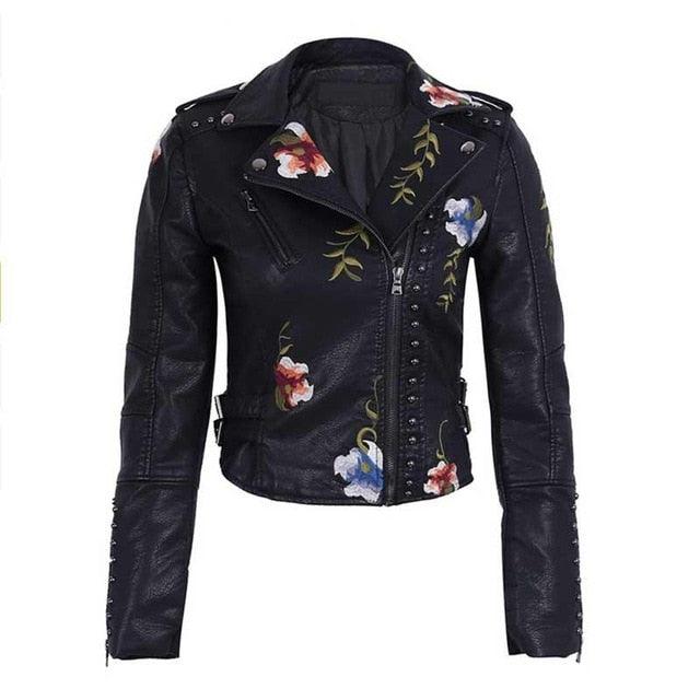 Gorgeous Leather Jacket - Women Embroidery Floral Faux Leather Jacket (D23)(TB8B)