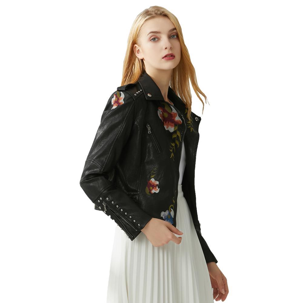 LY VAREY LIN Women's Floral Embroidered Faux Leather Moto PU Jacket Coat  (S, Beige) at  Women's Coats Shop