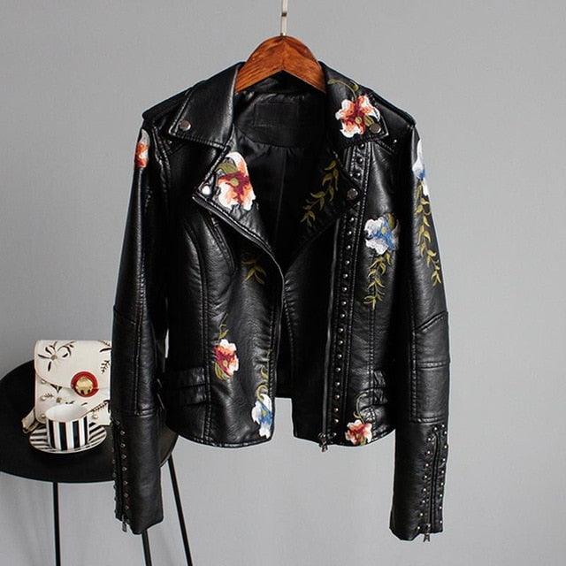 Amazing Floral Print Soft Leather Jacket - Women Pu Motorcycle Coat - Female Zipper Rivet Outerwear (TB8B)