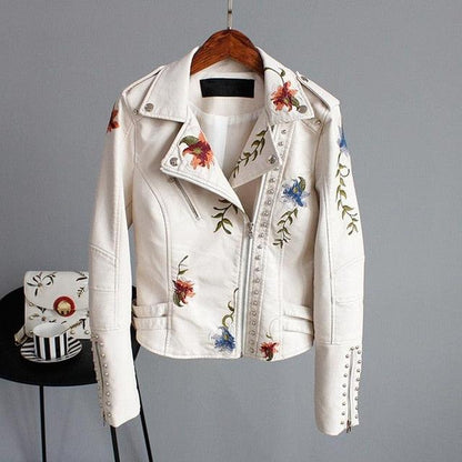 Amazing Floral Print Soft Leather Jacket - Women Pu Motorcycle Coat - Female Zipper Rivet Outerwear (TB8B)