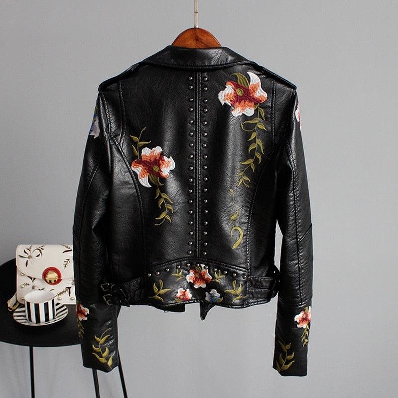 Amazing Floral Print Soft Leather Jacket - Women Pu Motorcycle Coat - Female Zipper Rivet Outerwear (TB8B)