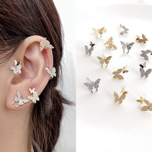 New Fashion Cute Rhinestone Gold Color Butterfly Stud Earrings (2JW1)(F81)