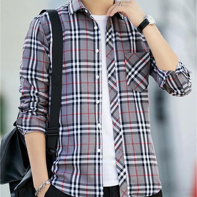 Men Plaid Long Sleeve Shirt - Casual Shirts Slim Fit (2U8)(2U11)