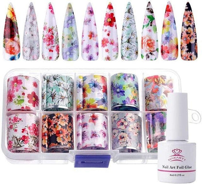 Nail Art Foil Glue Gel with Starry Sky Star Foil Stickers Set Nail Transfer Tips Manicure Art DIY 8ML, 10PCS 2.5cm100cm(N7)(1U85)