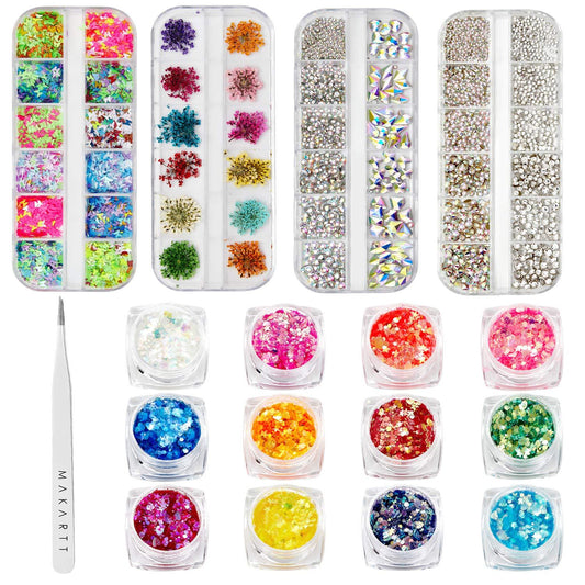 Nail Decorations Kit, Nail Glitters Nail Rhinestones 3D Butterfly Dried Flowers with Nail Tweezers for Nails Art Design (N8)(1U85)