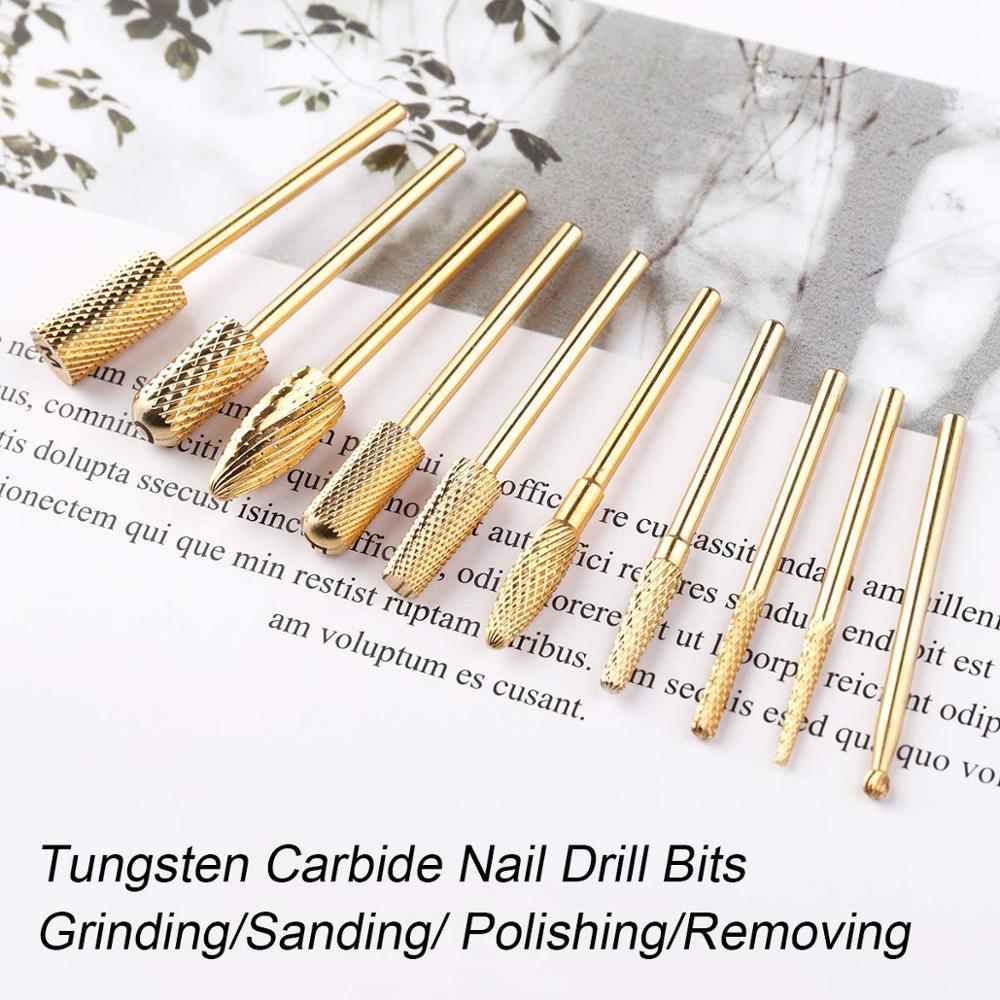 Nail Drill Bit Set Gold Tungsten Carbide Diamond Nail Drill Bits 10Pcs Remove Acrylic Nails Gel Polish Poly Nail Gel (N3)(F85)