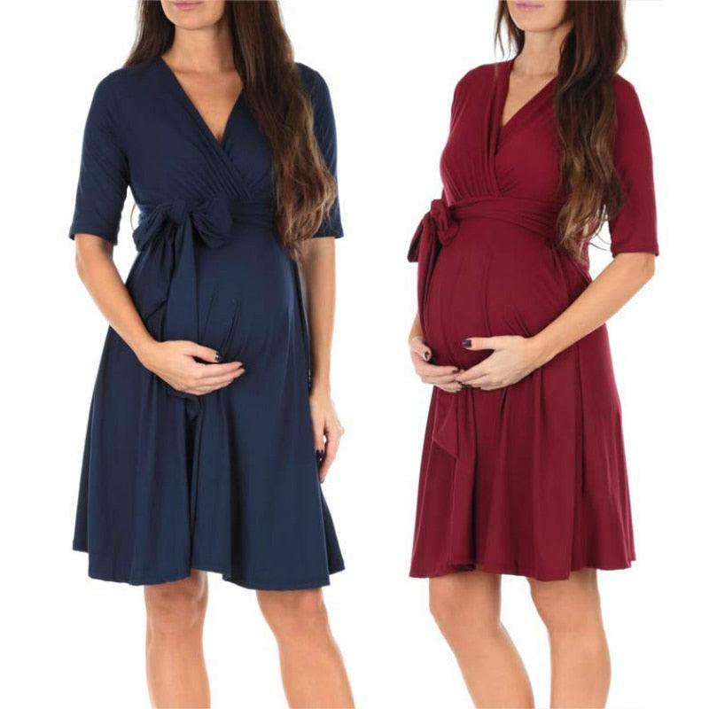 Maternity Clothes - Pregnant Solid Color Formal Dress - Casual V-Neck Dresses (D5)(Z7)(Z6)(Z9)(2Z1)(4Z1)(7Z1)