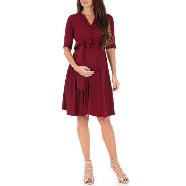 Maternity Clothes - Pregnant Solid Color Formal Dress - Casual V-Neck Dresses (D5)(Z7)(Z6)(Z9)(2Z1)(4Z1)(7Z1)