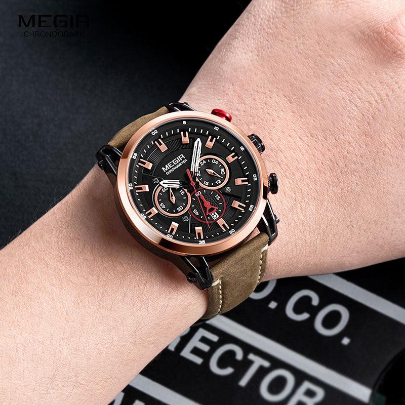 Leather Strap Leisure Quartz Watches - 24 Hours Chronograph 3atm Waterproof Army Sports Wristwatch (D84)(MA9)