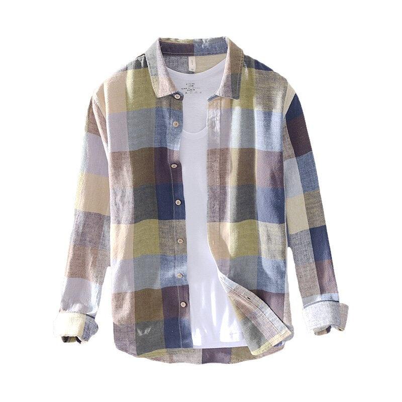 Men Cotton Linen Shirts - Plaid Long Sleeve Shirts - Casual Streetwear Plus Size Cotton Linen Solid Shirt (1U8)