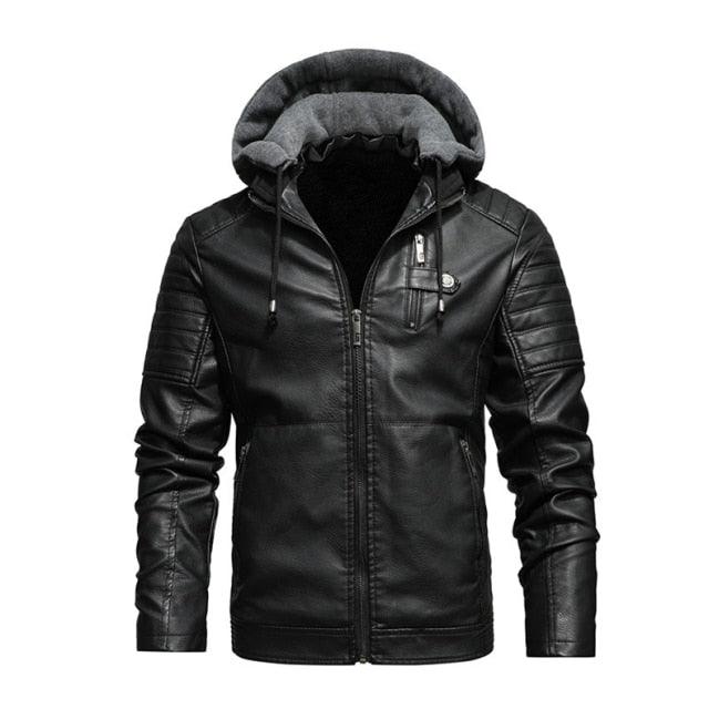 New Color Matching Casual Men's Leather Jacket - Men Hooded Leather Zipper Jackets (TM3)(F100)
