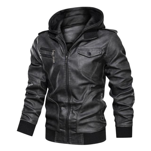 New Color Matching Casual Men's Leather Jacket - Men Hooded Leather Zipper Jackets (TM3)(F100)