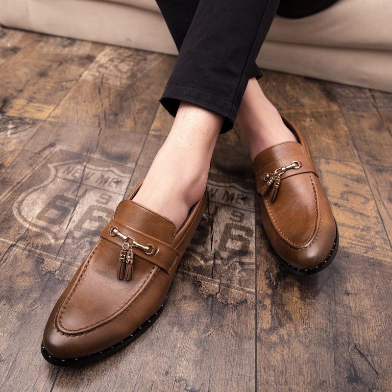 Men's Pointed Formal Oxfords Moccasins Shoes - Flats Leather Brogue Business Casual Party (MSF3)