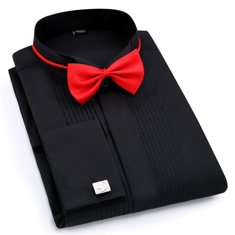 Men Wedding Tuxedo Long Sleeve Dress Shirts - French cufflinks Swallowtail Fold Dark Button Shirt (TM1)(T2G)(F10)(F8)