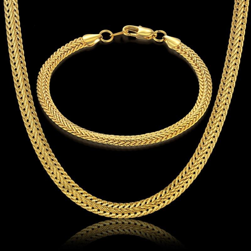 Great Jewelry Set - Gold Silver Color Bracelet Necklace Set - Curb Cuban Weaving Snake Chain (MJ4)