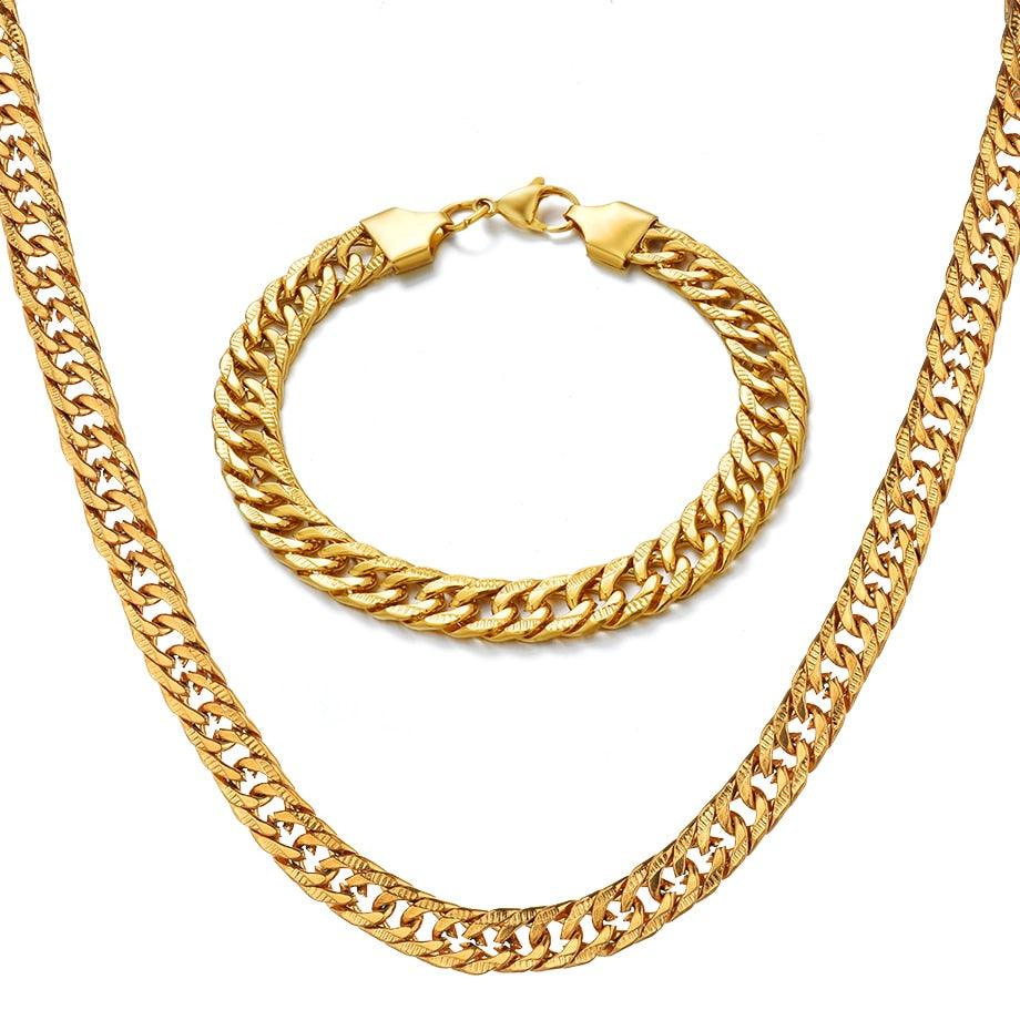 Jewelry Set - Stainless Steel Gold Bracelet Necklace Set - Curb Cuban Link Chain (MJ4)
