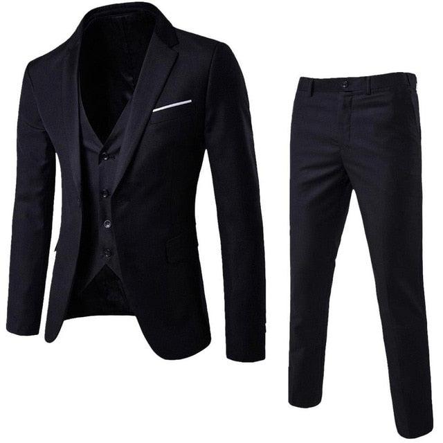 Men's 3 Pieces Black Elegant Suits - Pants Vest Jacket Slim Fit Single Button Party Formal Business Dress Suit (3U10)