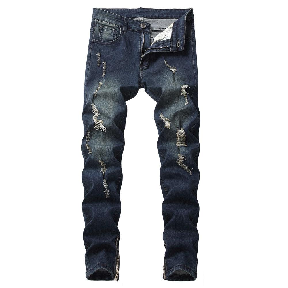 Men's Cotton Straight Ripped Hole Jeans Pants - Fashion Straight Casual Jeans (3U9)