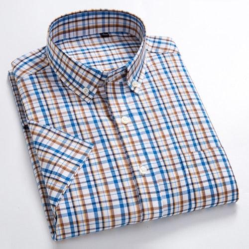 Men's Casual Short-Sleeve Checkered Shirts - Standard Fit Summer Thin - Soft 100% Cotton (TM1)(F8)