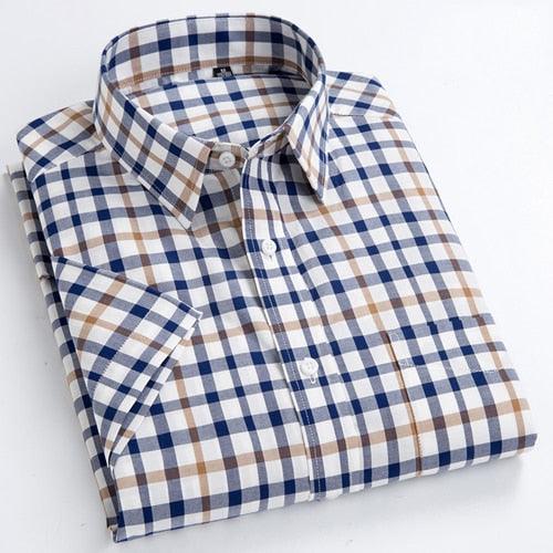 Men's Casual Short-Sleeve Checkered Shirts - Standard Fit Summer Thin - Soft 100% Cotton (TM1)(F8)