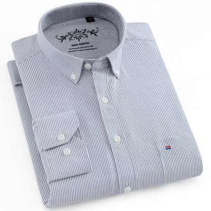 Men's Fashion Long Sleeve Plaid Striped Oxford Shirt - Single Pocket Standard Fit Button Down Shirts (D8)(TM1)