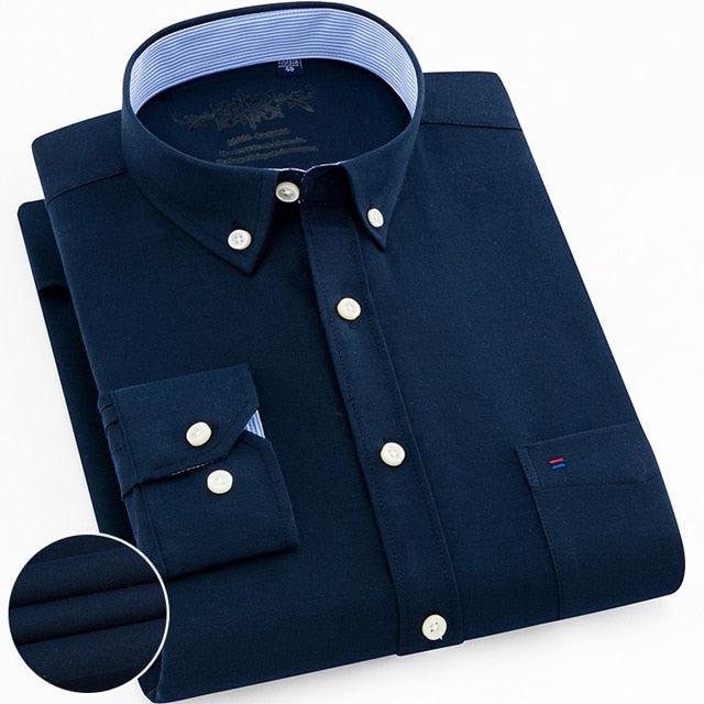 Men's Fashion Long Sleeve Plaid Striped Oxford Shirt - Single Pocket Standard Fit Button Down Shirts (D8)(TM1)