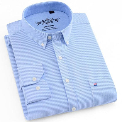 Men's Fashion Long Sleeve Plaid Striped Oxford Shirt - Single Pocket Standard Fit Button Down Shirts (D8)(TM1)