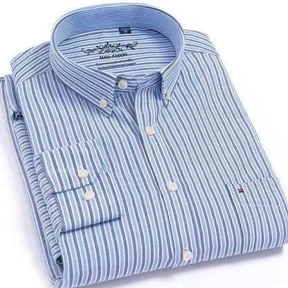 Men's Fashion Long Sleeve Plaid Striped Oxford Shirt - Single Pocket Standard Fit Button Down Shirts (D8)(TM1)