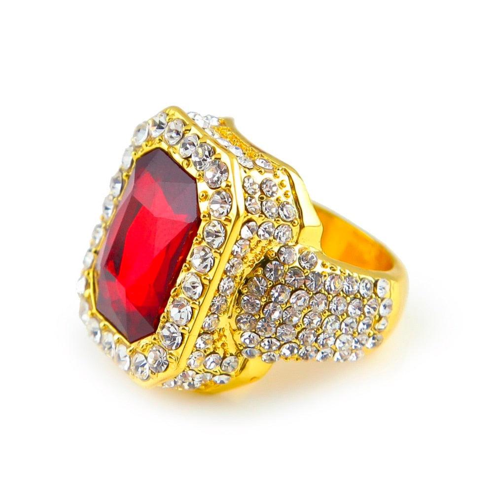 Men's Gold Color Hip Hop Iced Red Stone Cz Ring - Luxury Fashion Finger Bling Ring (MJ1)(F83)