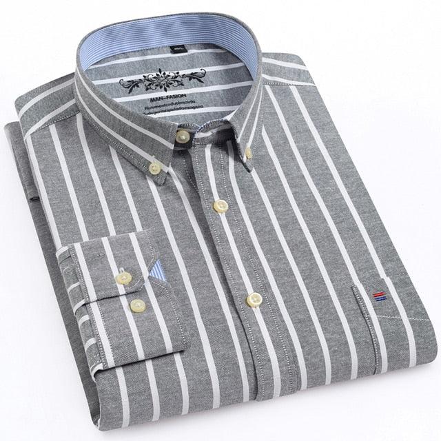 Men's Long Sleeve Oxford Plaid Striped Casual Shirt - Front Patch Chest Pocket Regular Fit Shirts (D8)(D10)(TM1)(T2G)