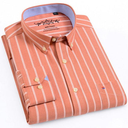 Men's Long Sleeve Oxford Plaid Striped Casual Shirt - Front Patch Chest Pocket Regular Fit Shirts (D8)(D10)(TM1)(T2G)