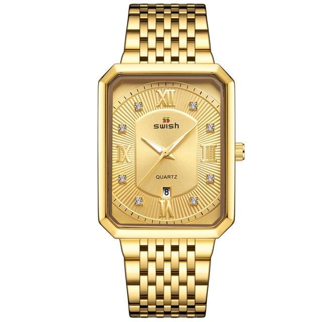 Men's Luxury Stainless Steel Gold Watch - Geneva Rectangle Quartz Watch (2MA1)(F84)