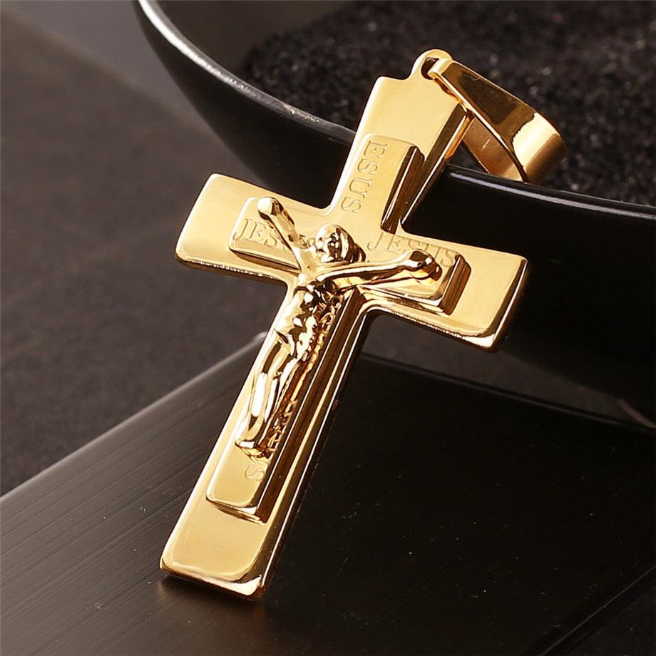 Men's Necklace - Big Cross Pendant & Chain Mens Gold Color Stainless Steel Christian Necklaces (D83)(MJ2)