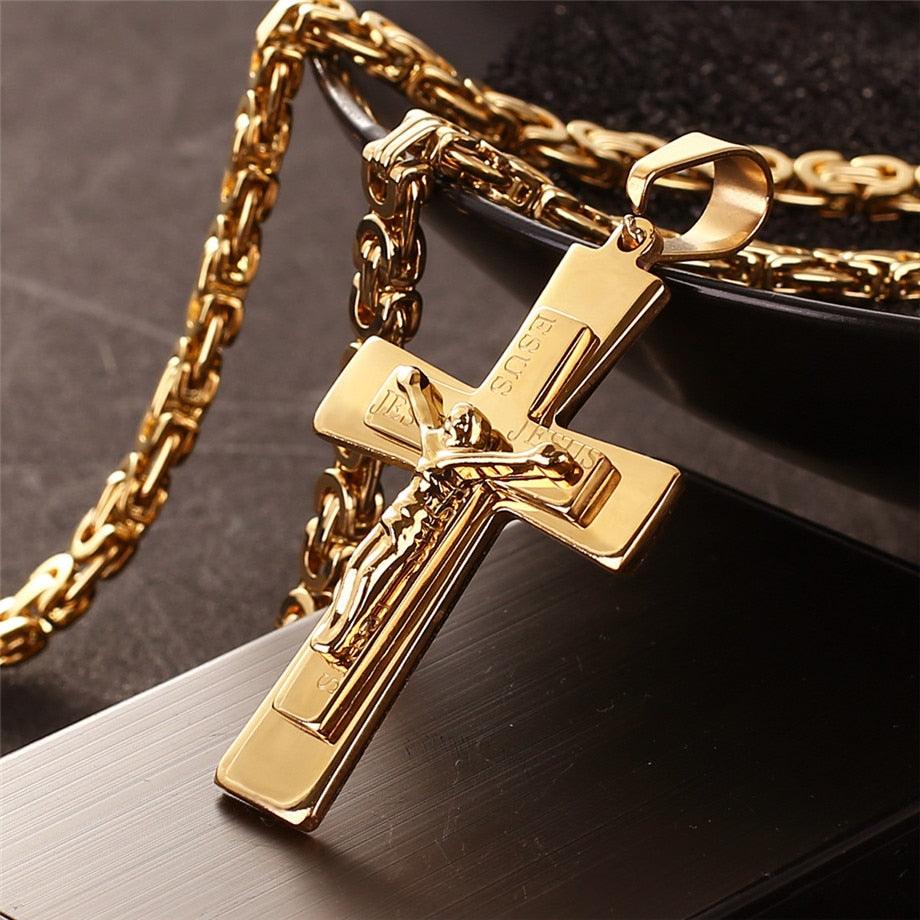 Men's Necklace - Big Cross Pendant & Chain Mens Gold Color Stainless Steel Christian Necklaces (D83)(MJ2)