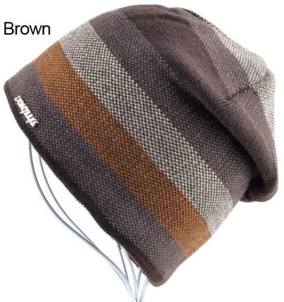 Men's Hat Bonnet Winter Beanie - Wool Hat Plus Velvet Cap - Thicker Stripe Skis Sports Beanies (D17)(MA8)