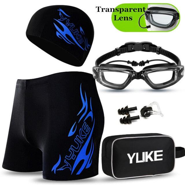 Great Men's Swimming Set - Swim Trunks, Glasses, Cap, Carry Bag Plus Size Swimwear Swimsuit (D9)(TG5)