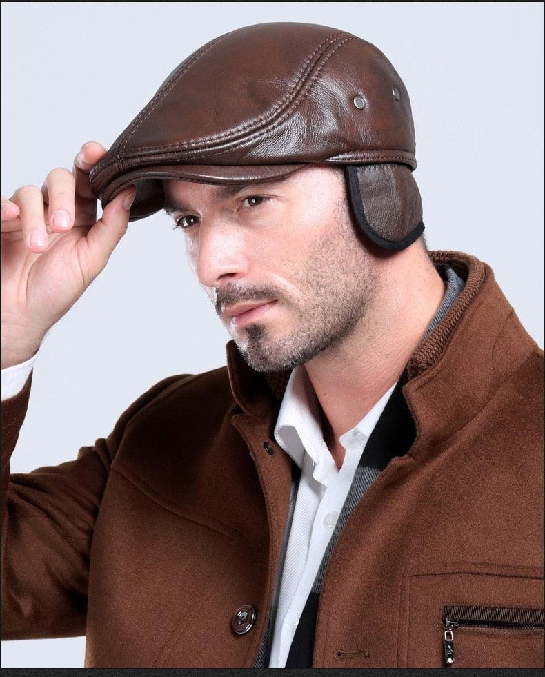 Men's Outdoor Leather Hat - Winter Warm Ear Protection Cap - 100% Genuine Leather (D17)(MA3)