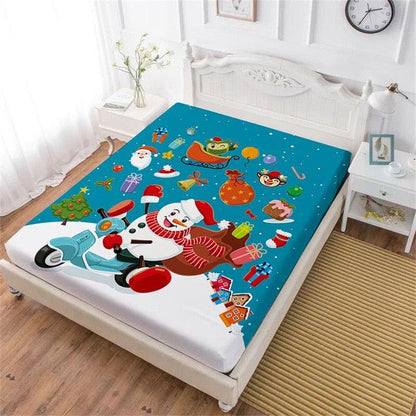 Merry Christmas Bed Sheet White Snowman Colorful Gift Print Fitted Sheet Cartoon (5BM)(B&6)