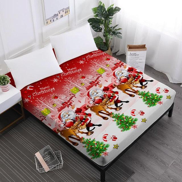 Merry Christmas Bed Sheets Red Santa Claus Cartoon Fitted Sheet Festival - Elastic Band (5BM)(B&6)