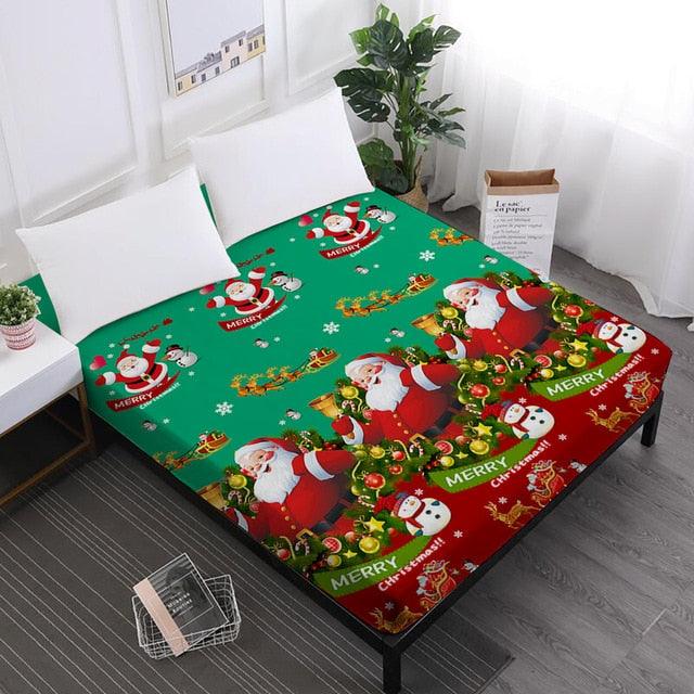 Merry Christmas Bed Sheets Red Santa Claus Cartoon Fitted Sheet Festival - Elastic Band (5BM)(B&6)